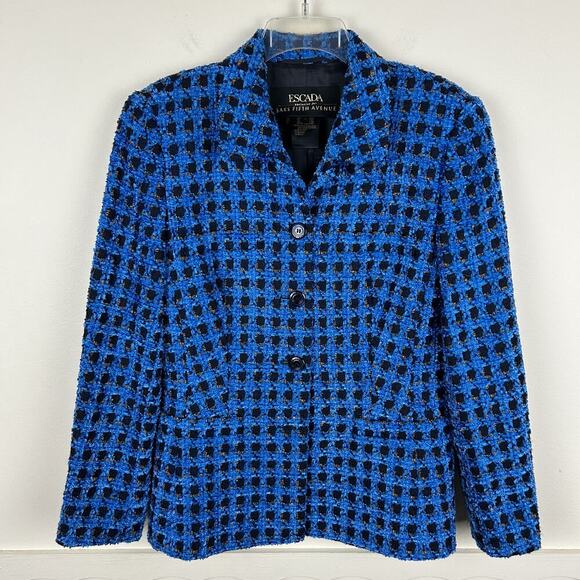 Escada Blue Textured Button Front Structured Oversized Blazer M - Picture 3 of 8